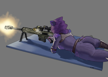anthro arm_tuft big_butt breasts butt female fur grey_background gun hip_tuft holding_gun holding_object holding_ranged_weapon holding_weapon lying on_front purple_body purple_fur purple_hood ranged_weapon rear_view rifle shooting shoulder_tuft simple_background sniper_rifle solo thick_thighs tuft weapon wide_hips hoja_dp epic_games fortnite raven_team_leader bear mammal hi_res