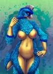 2022 5_fingers anthro areola beak blue_body blue_fur breasts claws digital_media_(artwork) dinosaur feathered_dinosaur feathered_scalie feathers featureless_crotch female fingers fur looking_at_viewer nipples non-mammal_breasts non-mammal_nipples nude reptile sabretoothed_ermine scalie smile solo standing yellow_eyes