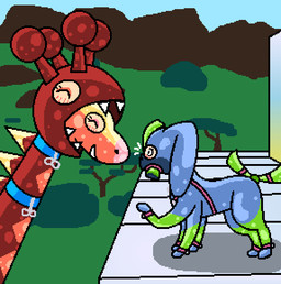 3_tails blue_body blue_collar blue_ears blush blush_lines collar day duo eyes_closed fangs feral forest green_body green_tail happy harness infinity_symbol long_ears multi_tail orange_body outside pink_harness pink_nose plant smile symbol tail teeth tree yellow_body yellow_spikes trooper3 fakemon nintendo pokemon rubbermon fakeveelution farigiraf generation_9_pokemon mutateon pokemon_(species) 2024