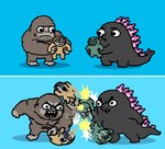 2koma 4_toes affea afterimage ape bad_parenting black_body black_eye_(injury) blue_background brown_body bruised chibi comic feet fight godzilla godzilla_(series) green_body group haplorhine hi_res holding_character improvised_weapon kaiju king_kong male mammal minilla monsterverse motion_lines open_mouth pink_body pink_scales primate scales simple_background size_difference suko_(monsterverse) teeth toes toho violence young