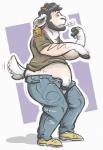 anthro belly black_hair butt ear_piercing ear_tag facial_hair fingers fur hair hooved_fingers hooves horn human_to_anthro love_handles male midriff piercing slightly_chubby solo species_transformation speech_bubble standing teeth transformation weight_gain white_body white_fur gaia1234 bovid caprine goat human mammal hi_res