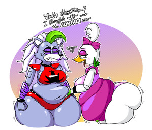 anthro beak belly big_belly breasts clothing duo female overweight pink_clothing text thick_thighs blahblah866 five_nights_at_freddy's five_nights_at_freddy's:_security_breach scottgames steel_wool_studios glamrock_chica roxanne_wolf avian bird canid canine canis chicken galliform gallus_(genus) mammal phasianid wolf 2025 hi_res