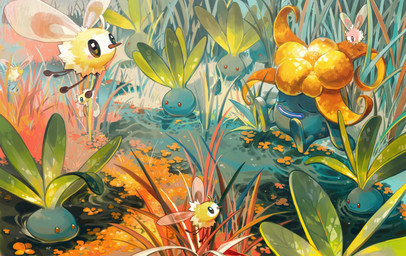 ambiguous_gender blue_body eyes_closed feral flower_(anatomy) grass group insect_wings leaf_(anatomy) partially_submerged pink_body plant red_eyes sitting water wings yellow_body ame_ivysaur nintendo pokemon arthropod cutiefly elemental_creature flora_fauna generation_1_pokemon generation_7_pokemon gloom_(pokemon) insect oddish pokemon_(species) shiny_pokemon 2025 absurd_res hi_res