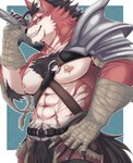 anthro bandage claws fur male muscular muscular_anthro muscular_male nipple_piercing nipples piercing red_body red_fur solo white_body white_fur izm_rm7 mythology lee_(zark) canid canine canis mammal mythological_canine mythological_creature were werecanid werecanine werewolf wolf hi_res