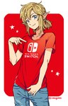2022 5_fingers 9:14 blonde_hair blue_eyes bottomwear clothing ear_piercing ear_ring elf fingers hair humanoid humanoid_pointy_ears hylian link male nintendo not_furry pants piercing ponytail ring_piercing shirt signature simple_background simugoma smile solo the_legend_of_zelda topwear