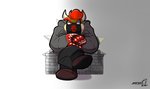 anthro bottomwear chair clothed clothing coat crossed_arms crossed_legs eyebrows face_mask footwear furniture gradient_background grey_background hair handwear horn looking_at_viewer male mask mittens pants parody rock shoes simple_background sitting solo spikes topwear white_background splashburr mario_bros nintendo bernie_sanders bowser koopa scalie 2021 absurd_res dated hi_res signature