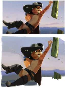anthro clothed clothing fluffy fur green_eyes looking_up male melee_weapon orange_body orange_fur outside partially_clothed rapier screencap screencap_background sky solo sword weapon w20p01 dreamworks puss_in_boots_(franchise) puss_in_boots_(dreamworks) domestic_cat felid feline felis mammal tabby_cat absurd_res hi_res redraw reference_image