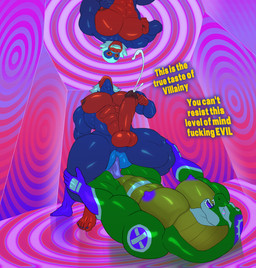 anthro arms_on_thighs black_body bodily_fluids cowgirl_position cum duo ejaculation from_front_position genital_fluids green_body grin hair hypnosis male mind_control mirror nipple_fetish nipple_play on_bottom on_top open_mouth penetration red_body reflection sex smile spiral spiral_eyes supervillain text white_hair tiburalgo baboon cobra haplorhine mammal monkey old_world_monkey primate reptile scalie snake english_text hi_res