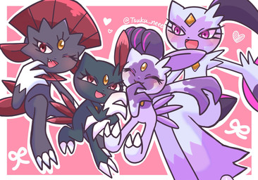 ambiguous_gender anthro claws eyelashes eyes_closed fangs featureless_crotch finger_claws fur grey_body grey_fur group happy heart_symbol looking_at_viewer male one_eye_closed open_mouth purple_body purple_eyes purple_fur red_eyes simple_background teeth toe_claws tongue tsuku_neee nintendo pokemon generation_2_pokemon generation_4_pokemon generation_8_pokemon hisuian_form hisuian_sneasel pokemon_(species) regional_form_(pokemon) sneasel sneasler weavile 2025 hi_res signature