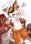 anthro band-aid bandage clothed clothing eyewear eyewear_on_head goggles goggles_on_head male solo tools topless dogeamyy_miru rubik's_cube domestic_cat felid feline felis mammal absurd_res hi_res