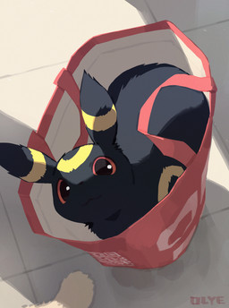 acting_like_a_cat ambiguous_feral ambiguous_gender bag black_body black_fur feral fur looking_at_viewer multicolored_body multicolored_fur red_sclera shopping_bag solo two_tone_body two_tone_fur yellow_body yellow_fur olyester nintendo pokemon eeveelution generation_2_pokemon pokemon_(species) umbreon 2026 digital_media_(artwork)