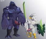 abs anthro anthrofied balls duo erection genitals humanoid_genitalia humanoid_penis male melee_weapon muscular muscular_male nude pecs penis pokemorph shield simple_background standing sword weapon voviat nintendo pokemon avian bird corvid corviknight generation_8_pokemon oscine passerine pokemon_(species) sirfetch'd 2019 hi_res