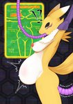 2019 abdominal_bulge abstract_background absurd_res anal anal_penetration anthro arms_above_head bandai_namco belly belly_inflation big_belly blush bodily_fluids breasts canid cauguy digimon digimon_(species) digital_drawing_(artwork) digital_media_(artwork) enema english_text female force_feeding forced fur hexagon hi_res hose hose_inflation inflation liquid looking_aside looking_at_viewer mammal multicolored_body multicolored_fur navel nipples nude open_mouth oral oral_penetration penetration raised_tail renamon restrained solo standing tail text white_body white_fur yellow_body yellow_fur
