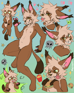 anthro big_ears blonde_hair bone brown_body brown_eyes brown_fur femboy food fur green_eyes hair holding_food holding_object looking_at_viewer male nipples paws simple_background six_seven skull smile smiling_at_viewer smirk smirking_at_viewer solo star tongue tongue_out yellow_body yellow_fur anonymous_artist lucaowoo alien caracal caracal_(genus) felid feline mammal flat_colors hi_res meme sketch sketch_page