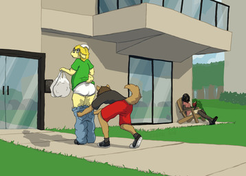 anthro assisted_exposure black_clothing black_footwear black_hair black_shoes black_sneakers blond_gair blue_bottomwear blue_clothing blue_pants bottomwear briefs building butt clothed clothing door footwear forced forced_exposure forced_undressing fully_clothed fur glass_door green_clothing green_shirt green_t-shirt green_topwear grey_clothing grey_footwear grey_shirt grey_socks grey_topwear group hair holding_bag male monotone_briefs monotone_clothing monotone_underwear outside pants pantsing red_bottomwear red_clothing red_shorts shirt shoes shorts socks t-shirt tan_body tan_fur tighty_whities topwear trio underwear undressing white_briefs white_clothing white_underwear window capra_kid dom_(capra_kid) bovid caprine goat mammal hi_res