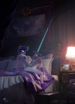 aged_up alternate_species anthro anthrofied bed bedroom blue_eyes clothing colored_nails detailed_background ear_piercing ear_ring erect_nipples female female_anthro furniture furniture_lamp glowing_runes greatsword hair holding_melee_weapon holding_object holding_sword holding_weapon horn inside leg_warmers legwear looking_at_viewer markings melee_weapon mostly_nude multicolored_hair nails navel nightstand nipples nude nude_anthro nude_female on_bed piercing purple_nipples ring_piercing rune_markings runes solo sword tail two_tone_hair two_tone_tail weapon white_body white_skin wrist_warmers hooves-art friendship_is_magic hasbro my_little_pony mythology flurry_heart_(mlp) equid equine mammal mythological_creature mythological_equine unicorn 3d_(artwork) absurd_res blender_(artwork) digital_media_(artwork) hi_res