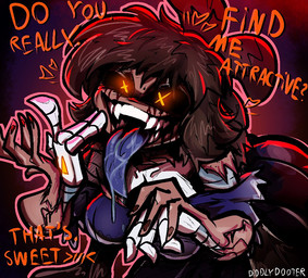4_hands :3 >///< bare_shoulders big_breasts black_body black_clothing black_dress black_eyeshadow black_hair black_nails black_sclera blood blood_from_eye blood_stain blue_tongue bodily_fluids bow_ribbon breasts brown_body brown_skin clothing colored_nails corpse corset disguise dress dripping drooling earless evil_grin eyeshadow fangs female finger_to_mouth flirting flirting_with_viewer freckled_face freckled_shoulders freckles glowing glowing_eyes grey_body grey_tongue hair heart_symbol hearts_around_head lingerie long_hair long_tongue looking_at_viewer machine makeup metallic_body multi_hand nails nightmare_fuel noseless oil open_mouth orange_text pigtails purple_clothing purple_dress question_mark saliva saliva_drip saliva_on_tongue saliva_string scar scars_all_over screen screen_face seam_(sewing) segmented_body sharp_teeth simple_background skinsuit smile smug smug_face smug_grin solo stitch_(sewing) surgical_suture teeth text tight_clothing tongue topwear twintails_(hairstyle) unusual_anatomy white_body x_eyes yellow_eyes diddlydooter1 glitch_productions murder_drones cyn_(murder_drones) tessa_(murder_drones) eldritch_abomination human humanoid mammal patchwork_creature robot robot_humanoid undead worker_drone zombie artist_name digital_drawing_(artwork) digital_media_(artwork) signature