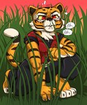 anthro barefoot clothed clothing crouching feet female fur grass orange_body orange_fur plant red_eyes solo striped_body striped_fur stripes yellow_sclera daigaijin dreamworks kung_fu_panda master_tigress felid mammal pantherine tiger hi_res