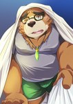 anthro bedding belly black_nose blanket blush bottomwear brown_body brown_fur clothing eyewear fur glasses kemono male overweight overweight_male shirt shorts solo topwear nazebesu_hobby lifewonders tokyo_afterschool_summoners volos_(tas) bear mammal 2023 hi_res