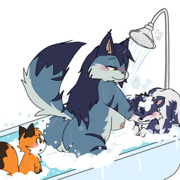 anthro bath bathing bathing_another bathing_together bathroom bathtub big_breasts blush breasts bubble female fur genitals green_eyes group looking_at_genitalia looking_at_vulva male markings nude open_mouth orange_body orange_fur overweight shower showering smile soap suds tail tail_markings trio vulva water young conditional_dnp muffinlewds angelo_(schattenflamme) mizuki_(yakukitsu) yaku_(yakukitsu) canid canine domestic_cat felid feline felis fox maine_coon mammal mephitid skunk 1:1 absurd_res digital_media_(artwork) hi_res mother_(lore) mother_and_child_(lore) mother_and_son_(lore) parent_(lore) parent_and_child_(lore) parent_and_son_(lore) son_(lore)