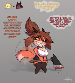 2_horns anthro axe big_breasts blood blood_drip blood_on_breast blood_on_face blood_on_object blood_on_weapon bodily_fluids bottomwear breasts brown_hair bulging_breasts cleavage clothed clothing collar collared_shirt curvy_figure dialogue dipstick_tail dress_shirt dripping dual_persona eyelashes female fur fusion giggle grin hair hair_bun happy holding_axe holding_melee_weapon holding_object holding_weapon horn knock-kneed legwear markings melee_weapon murderer orange_body orange_fur pencil_skirt red_eyes sharp_teeth shirt shortstack shortstack_female skirt smile solo standing tail tail_markings tail_motion tailwag talking_to_another teeth text thick_thighs thigh_highs thoughts three-quarter_view topwear transformation weapon wide_hips yellow_sclera toby_art animal_crossing hellaverse helluva_boss nintendo isabelle_(animal_crossing) millie_(helluva_boss) canid canine canis demon domestic_dog hybrid mammal 2025 crossover digital_drawing_(artwork) digital_media_(artwork) english_text full-length_portrait hi_res portrait