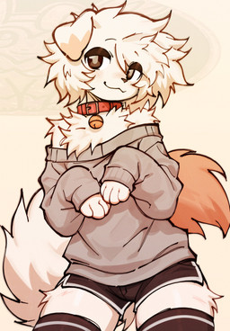 anthro arm_tuft bell bell_collar black_eyes chest_tuft clothed clothing collar dolphin_shorts femboy fluffy fluffy_tail fur hair head_tuft looking_at_viewer male off_shoulder shoulder_tuft simple_background smile smirk solo sweater tail topwear tuft white_body white_fur white_hair chantiyii wypher_(koiwypher) canid canine canis domestic_dog mammal 2025 absurd_res hi_res