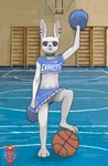 anthro ball basketball_(ball) black_eyeshadow black_lipstick black_makeup black_nose breasts cheerleader clothed clothing collar ear_piercing eyebrow_piercing eyeshadow facial_piercing female fur genitals lipstick makeup no_underwear piercing pom_poms pussy raised_arm raised_leg red_eyes small_breasts solo spiked_collar spikes under_boob white_body white_fur young young_female ptichnick disney zistopia zootopia sheena_(zistopia) lagomorph leporid mammal rabbit absurd_res hi_res watermark