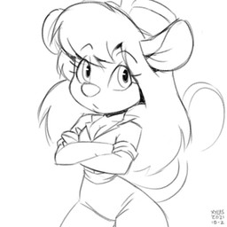 anthro clothed clothing crossed_arms female hair long_hair looking_at_viewer simple_background standing tail white_background xylas chip_'n_dale_rescue_rangers disney gadget_hackwrench mammal mouse murid murine rodent 1:1 2021 monochrome sketch