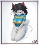 anthro bottomless breasts clothed clothing covering covering_crotch covering_pussy embarrassed female kneeling navel nipple_outline simple_background solo topwear wet wet_clothing wet_topwear white_background ajiikuo undertale undertale_(series) temmie_(undertale) tem hi_res