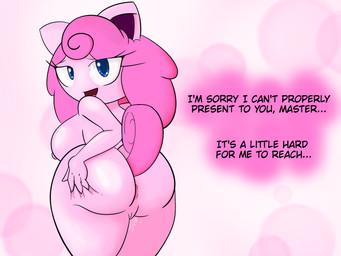 4_fingers anthro anus big_breasts big_butt blue_eyes bodily_fluids breasts butt curled_tail curly_hair dialogue eyelashes female fingers fur genital_fluids genitals hair looking_at_viewer master nipples nude pattern_background pink_body pink_fur pink_hair presenting raised_tail shortstack simple_background solo sparkles sparkling_eyes spreading tail talking_to_viewer text thick_thighs vaginal_fluids vulva wide_hips cung nintendo pokemon mitzi_mynch generation_1_pokemon humanoid jigglypuff pokemon_(species) 4:3 english_text hi_res