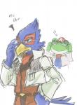 anthro belt blue_body blue_eyes blue_feathers clothing duo eyewear feathers glasses jacket male scarf simple_background topwear s_mino930 nintendo star_fox falco_lombardi slippy_toad amphibian avian bird frog 2014 hi_res