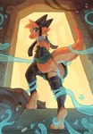 anthro armor armwear carrots_(waspsalad) clothing female green_eyes hi_res horn imminent_rape kobold low-angle_view rear_view solo tentacles waspsalad