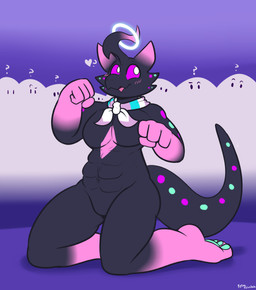 1_horn 4_fingers abs anthro anthro_focus black_body black_scales blue_kerchief blush diamond_(marking) featureless_chest featureless_crotch fingers fist gloves_(marking) gradient_background group halo horn kerchief kneeling leg_markings looking_away looking_up male male_focus markings muscular muscular_anthro muscular_male open_mouth pawpads pink_body pink_horn pink_scales purple_body purple_kerchief purple_scales purple_sclera purple_spots scales simple_background smile socks_(marking) solo_focus spots spotted_body spotted_scales teal_body teal_pawpads teal_scales teal_spots white_eyes white_kerchief felino panazel_maria unknown_species 2026 absurd_res hi_res