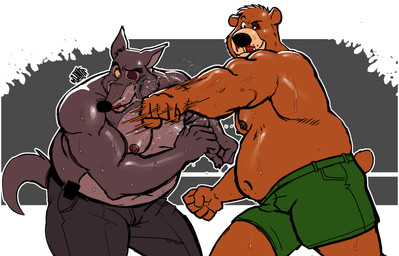 anthro belly belt big_belly blood bodily_fluids bottomwear bruised bruised_eye clothed clothing duo face_punch fight head_tuft male moobs motion_lines musclegut muscular muscular_arms navel nipples nosebleed overweight overweight_anthro overweight_male police police_officer shirtless_male shorts slacks standing sweat tail topless topless_male tuft hunter-husky little_john sheriff_of_nottingham bear brown_bear canid canine canis mammal ursine wolf hi_res