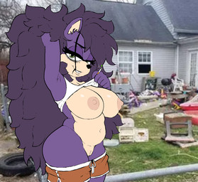 anthro areola belly big_breasts black_eyebrows black_nose bottomwear breasts cigarette clothing clothing_pull dolphin_shorts eye_bags eyebrows eyelashes female fire flashing flashing_breasts flashing_pussy fur genitals green_eyes hair hair_in_mouth hair_on_fire long_hair looking_at_viewer messy_hair navel nipples pink_areola purple_body purple_fur purple_hair shirt shorts smile solo stock_image tan_body tan_skin tank_top thick_thighs topwear trash undressing vulva around_drum sega sonic_the_hedgehog_(series) sonic_underground tamers12345's_sonic_underground queen_aleena_hedgehog eulipotyphlan hedgehog mammal