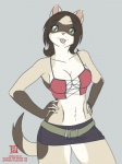 anthro biped blep bottomwear clothing female green_eyes looking_at_viewer miniskirt simple_background skirt smile solo standing tail tongue tongue_out dalehan saitoufly opal domestic_ferret mammal mustelid musteline true_musteline weasel