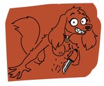 anthro big_ears female floppy_ears front_view knife looking_at_viewer looking_back looking_back_at_viewer mostly_nude nipples red_body solo teats teeth teeth_showing sowedidit housebroken cherry_(housebroken) bird_dog canid canine canis domestic_dog humanoid hunting_dog irish_setter mammal setter