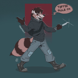 anthro backpack boots brown_hair butterfly_knife clothing ears_up footwear hair holding_knife holding_melee_weapon holding_object holding_weapon knife looking_at_viewer male melee_weapon open_mouth raccoon_tail shoes smile smiling_at_viewer solo speech_bubble tail teeth teeth_showing text tongue weapon wearing_backpack mawkvlt toffee_32 mammal procyonid raccoon absurd_res hi_res