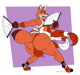 anthro big_bulge big_butt bulge butt emanata femboy fur green_eyes looking_back male open_mouth orange_body orange_fur sharp_teeth solo standing teeth reagan700 disney zootopia nick_wilde canid canine fox mammal hi_res