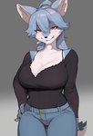 anthro big_breasts black_nose blue_body blue_fur bottomwear bra bra_peek bra_strap breasts cleavage clothed clothing female fur hair hand_on_hip heart_eyes heart_symbol kemono lace licking licking_lips lidded_eyes looking_at_viewer pants pink_eyes ponytail smile solo standing sweater tight_bottomwear tight_clothing tight_pants tongue tongue_out topwear underwear v-neck idobata_hp canid canine mammal hi_res