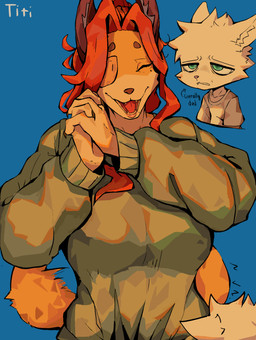 age_difference anthro big_breasts blue_background breasts clothing duo eye_patch eyes_closed eyewear female fur hair happy larger_female male older_female orange_body orange_fur red_hair simple_background size_difference smaller_male sweater tired topwear white_body white_fur white_hair younger_male fetloaf annie_(fetloaf) yuri_(fetloaf) canid canine domestic_cat felid feline felis fox mammal absurd_res hi_res