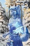 anthro blue_body blue_claws blue_clothing blue_dress blue_eyes blue_fur blue_hair blue_nose breasts claws clothed clothing detailed_background dress female forest forest_background fur glowing hair ice looking_at_viewer magic magic_user nature nature_background outside plant sky smile snow solo standing tail teeth tree white_body white_ears white_fur white_hair white_tail jakeseeker amber_puppy canid canine canis mammal wolf 2:3 absurd_res hi_res herm_(lore)