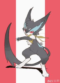 ambiguous_gender anthro black_body black_fur claws featureless_crotch fur looking_at_viewer open_mouth paws red_eyes simple_background solo tail tongue lanjiujiu nintendo pokemon felid feline generation_5_pokemon mammal pokemon_(species) purrloin 2021 dated