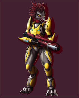 3_fingers 3_toes anthro armor avian_caruncle beak digitigrade feather_hair feathered_crest feathers feet female fingers grey_body grey_scales gun head_crest holding_gun holding_object holding_ranged_weapon holding_weapon plasma_caster pseudo_hair pupils ranged_weapon red_body red_feathers scales scuted_hands scutes simple_background slit_pupils solo standing toes weapon yellow_eyes fuchsbau49 halo_(series) microsoft xbox_game_studios alien avian kig-yar scalie t'vaoan absurd_res colored hi_res