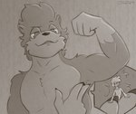 anthro armpit_focus blush blush_lines bodily_fluids clothed_human cutaway duo extreme_size_difference flexing flexing_bicep humanoid_hands larger_anthro male male/male nude_anthro pecs pinned_to_armpit size_difference smaller_human sweat sweaty_armpit suddendraft draft_(suddendraft) rudder_(gameb9oy) human mammal mustelid otter 2022 digital_media_(artwork) hi_res