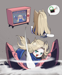 alternate_species anthro blonde_hair blue_clothing blue_eyes blush blush_lines circle clothed clothing crush cute_fangs electronics fangs female fur furrification grey_background hair hitting inner_ear_fluff long_hair machine open_mouth pawpads paws pink_pawpads ribbons shockwave simple_background sitting smack solo speech_bubble static tail teeth television tuft watching_television white_body white_fur yellow_ears yellow_inner_ear yellow_inner_ear_fluff young young_anthro young_female j_humbo capcom pragmata diana_(pragmata) android domestic_cat felid feline felis mammal robot 1:1 2026 absurd_res hi_res