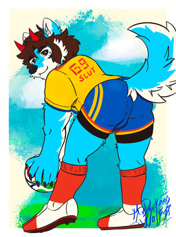 5_fingers 69_(number) ball bent_over_with_legs_held_straight blue_body blue_bottomwear blue_clothing blue_fur blue_shorts bottomwear brown_hair bulge butt cleats clothing colombian_flag facial_tuft fingers footwear fur furgonomic_bottomwear furgonomic_shorts furgonomics grass hair horn inner_ear_fluff male markings mole_(marking) multicolored_bottomwear multicolored_clothing multicolored_footwear multicolored_shirt multicolored_shorts multicolored_socks multicolored_topwear plant rear_view red_card seductive shirt shorts soccer soccer_ball soccer_uniform socks solo sport sportswear standing tail topwear tuft uniform white_body white_fur yellow_clothing yellow_shirt yellow_topwear mrdarknesswolf colombia_national_football_team fifa mrdarknesswolf_(character) canid canine canis demon hybrid mammal wolf hi_res