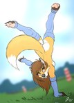 anthro balancing_on_one_hand blue_clothing blue_footwear blue_socks breasts butt cartwheel clothing female footwear freckled_butt freckles happy mostly_nude nude pawpads poem_in_description side_boob socks solo aistarin jodi_(aistarin) canid canine fox mammal hi_res