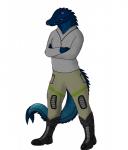 absurd_res anthro biped blue_body boots clothed clothing crocodile crocodilian crossed_arms dulma footwear form full-length_portrait hi_res looking_at_viewer male portrait purple_eyes reptile scalie shoes simple_background solo standing thebes white_body