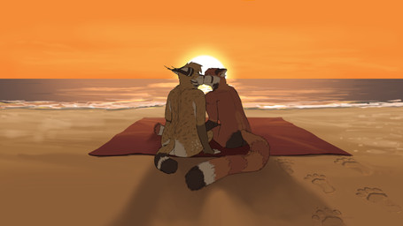 anthro anthro_on_anthro beach beach_towel brown_body brown_fur butt countershade_torso countershading cuddling ear_tuft eyes_closed fluffy fluffy_tail footprint fur kissing light male male/male markings nude orange_body orange_fur outside pawpads paws red_body ring_(marking) ringed_tail romantic romantic_ambiance romantic_couple sand scut_tail sea short_tail sky spots striped_markings striped_tail stripes sun sunlight sunset tail tail_markings towel tuft water wave whisker_spots unknown_artist ailurid caracal caracal_(genus) felid feline lynx mammal red_panda absurd_res hi_res